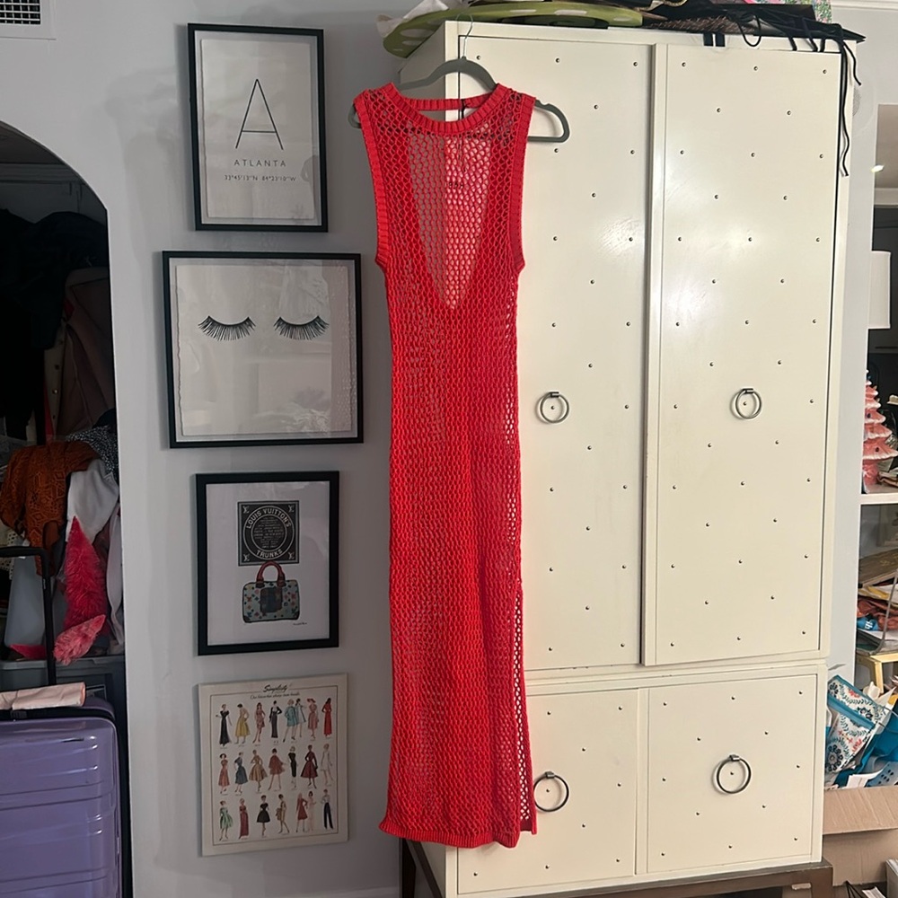 Beach Riot Red Open-Knit Sleeveless Swim Coverup Dress